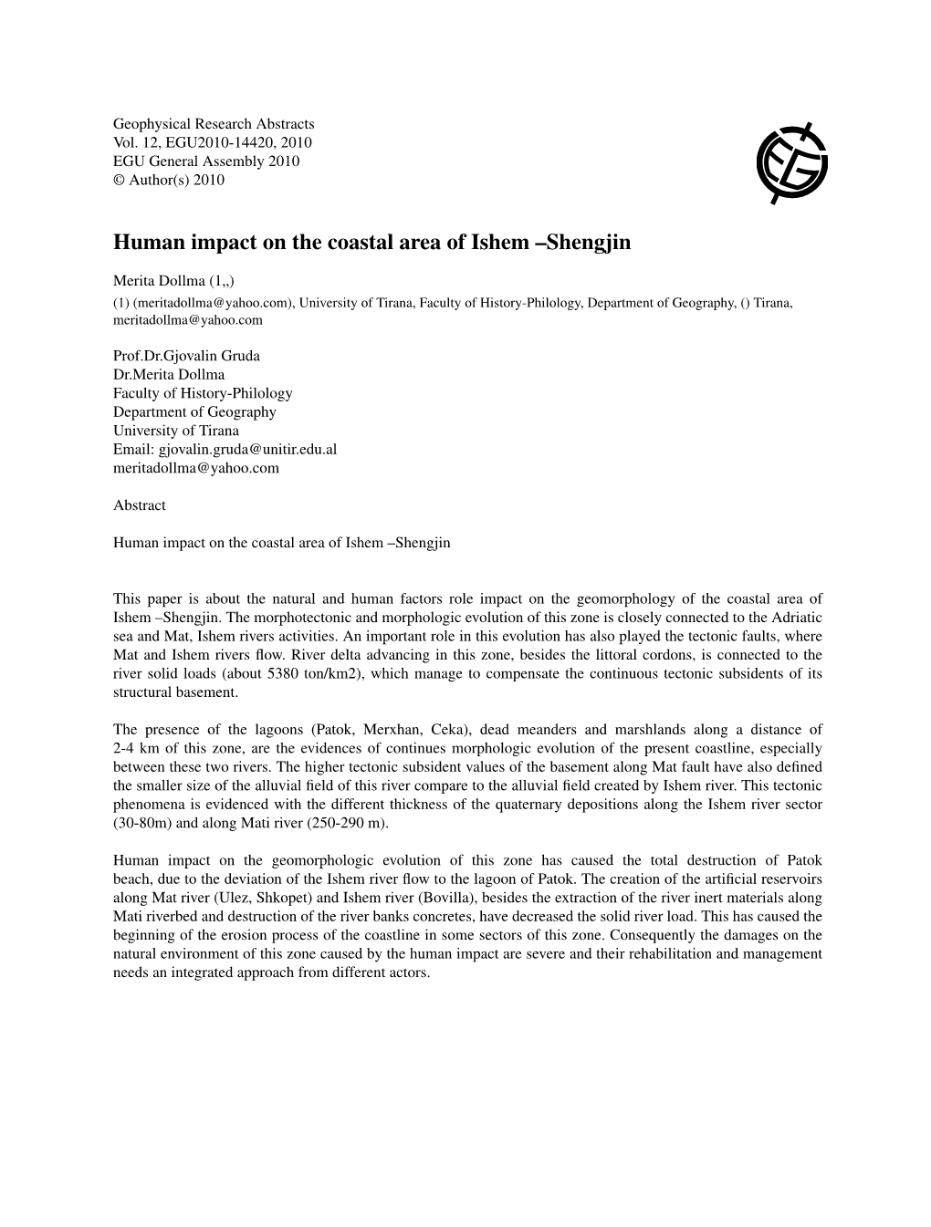 Human Impact on the Coastal Area of Ishem –Shengjin