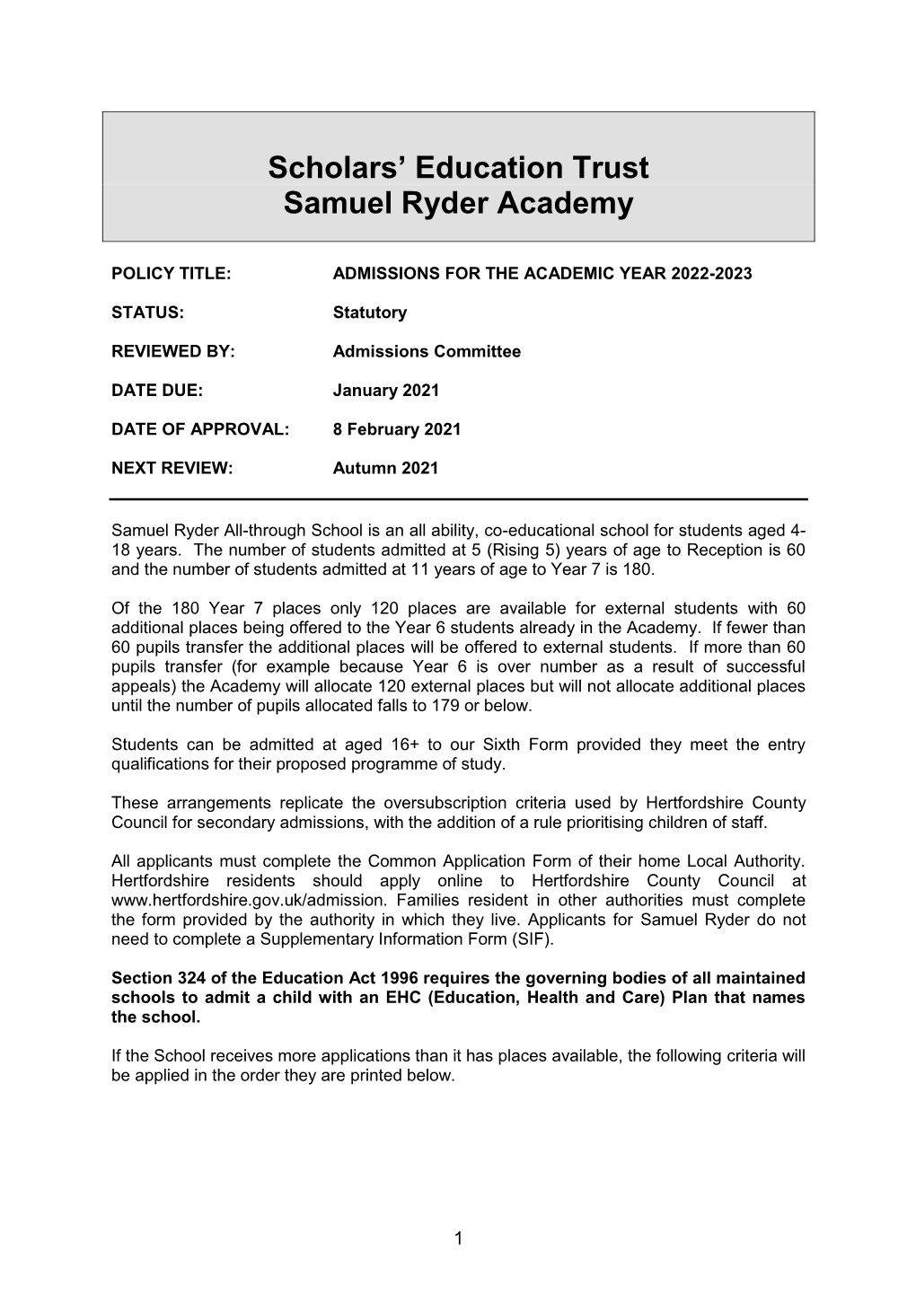 Scholars' Education Trust Samuel Ryder Academy