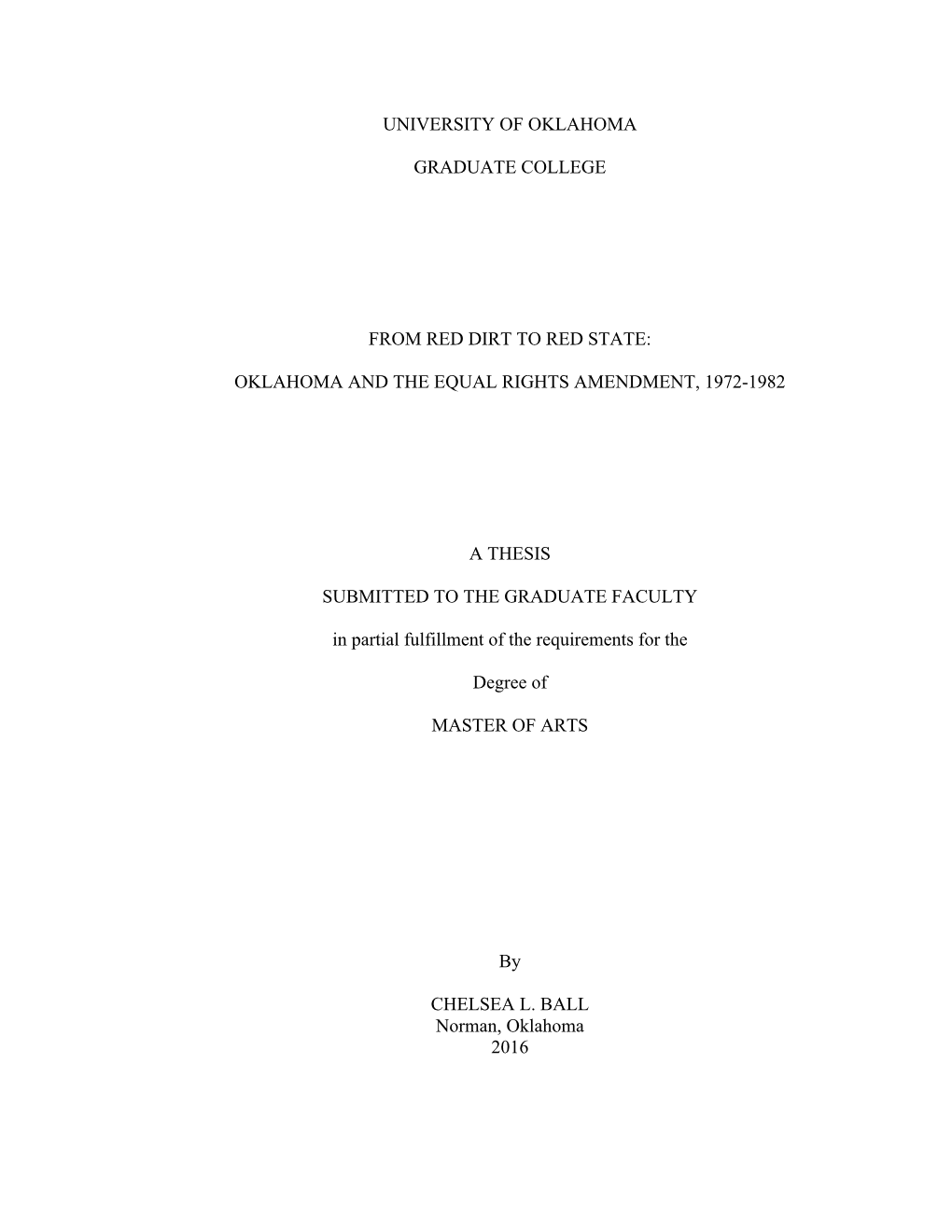 Oklahoma and the Equal Rights Amendment, 1972-1982 a Thesis