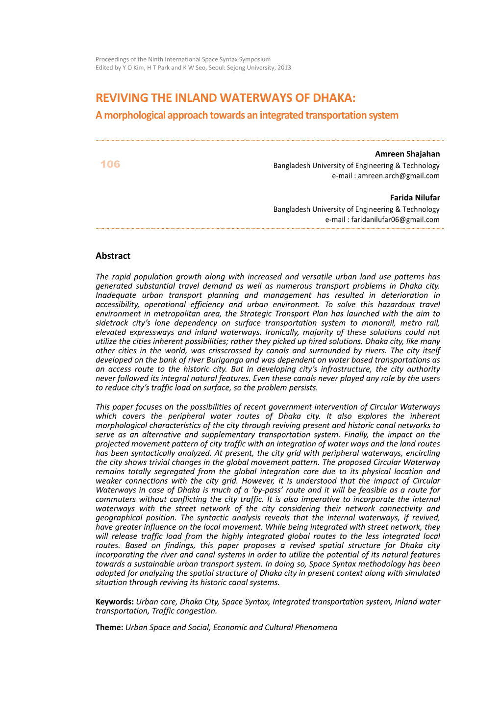 REVIVING the INLAND WATERWAYS of DHAKA: a Morphological Approach Towards an Integrated Transportation System