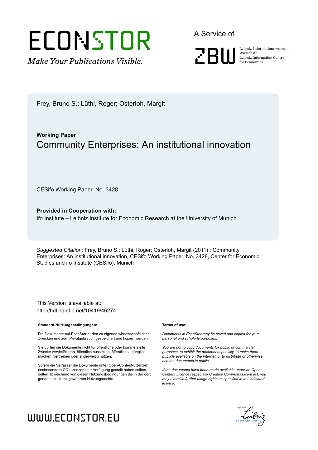 Community Enterprises: an Institutional Innovation