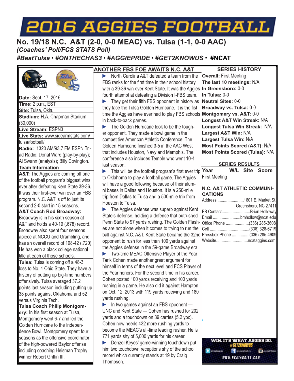 Vs. Tulsa (1-1, 0-0 AAC) (Coaches’ Poll/FCS STATS Poll) #Beattulsa • #ONTHECHAS3 • #AGGIEPRIDE • #GET2KNOWUS • #NCAT ANOTHER FBS FOE AWAITS N.C