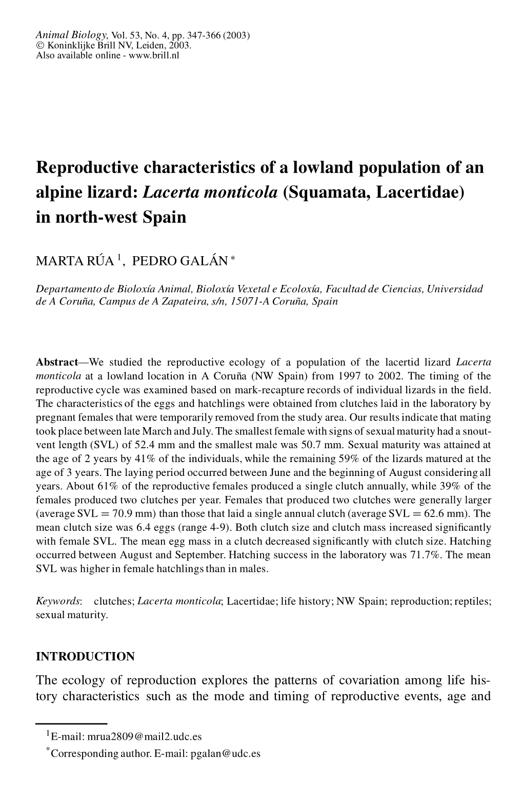 Reproductive Characteristics of a Lowland Population of an Alpine