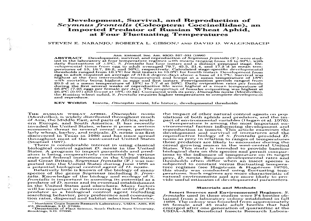 Development, Survival, and Reproduction of Scymnus Frontalis