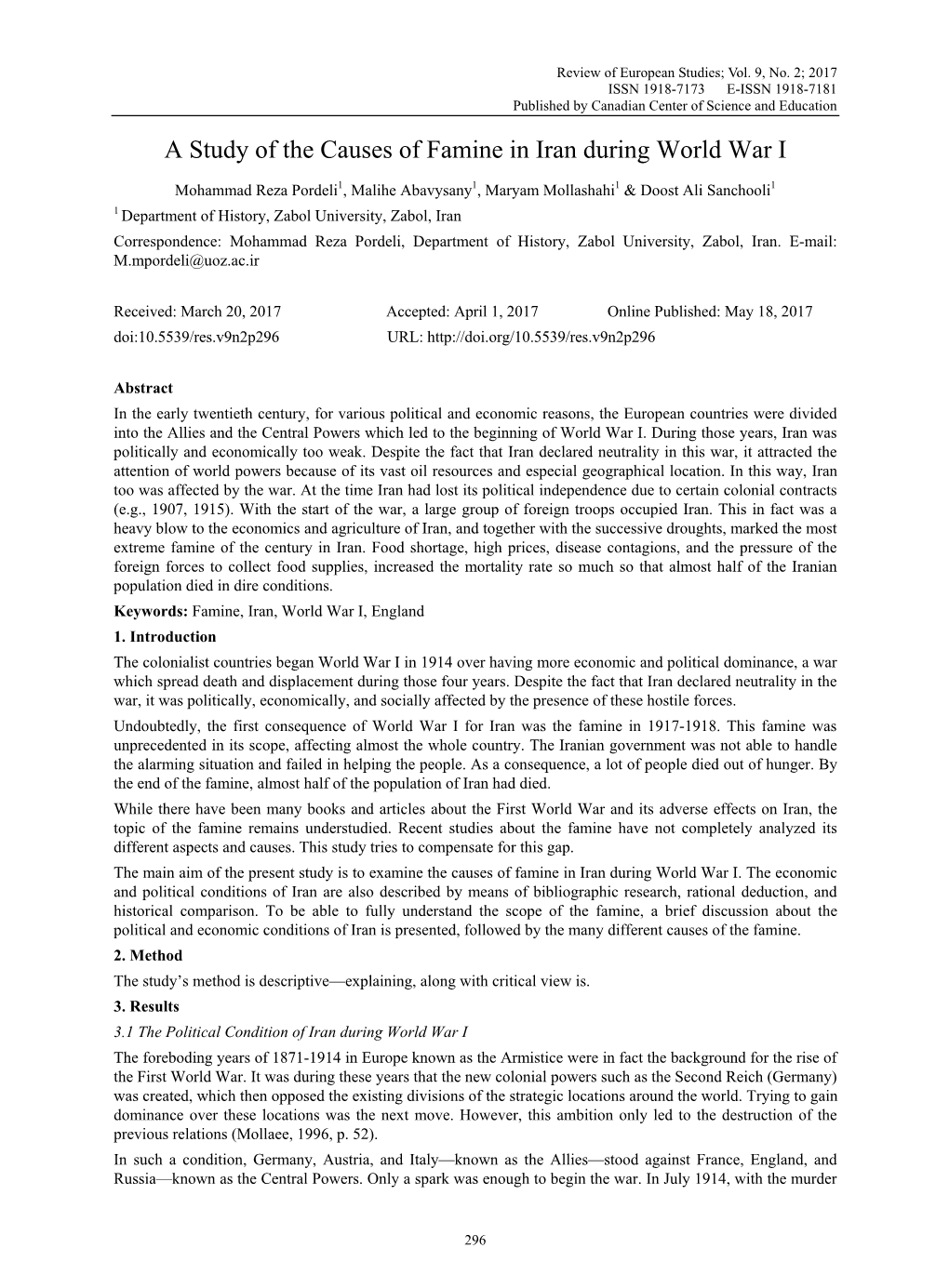 A Study of the Causes of Famine in Iran During World War I