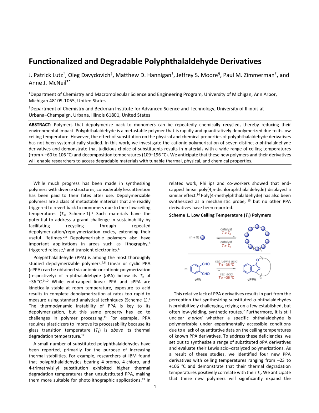 Functionalized and Degradable Polyphthalaldehyde Derivatives J