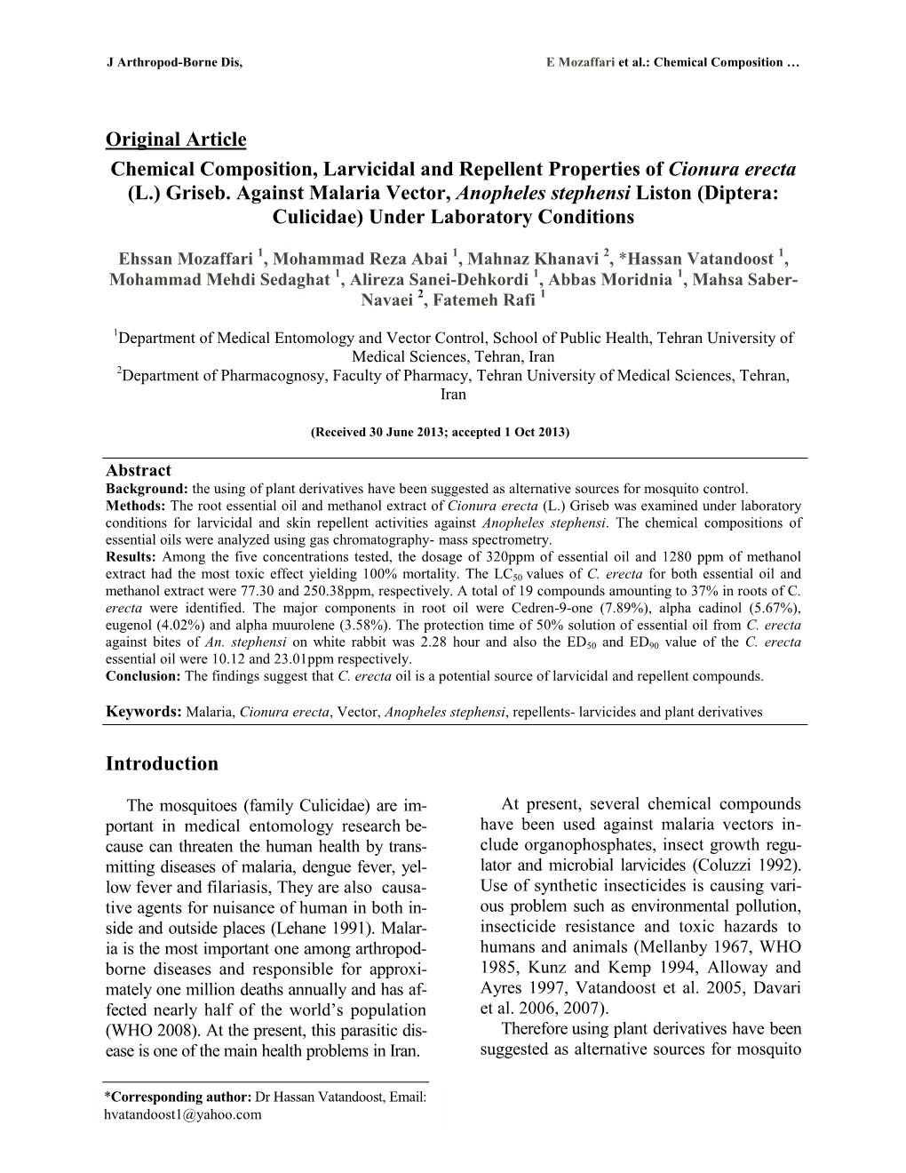 Griseb. Against Malaria Vector, Anopheles Stephensi Liston (Diptera: Culicidae) Under Laboratory Conditions