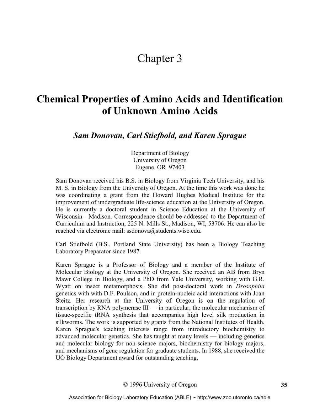 Chemical Properties of Amino Acids and Identification of Unknown Amino Acids