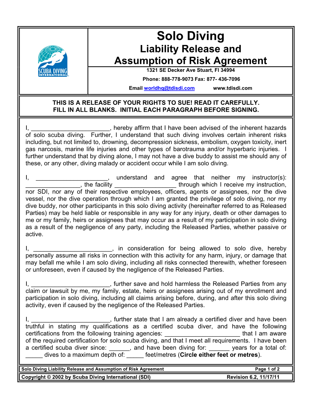 Solo Diving Liability Release and Assumption of Risk Agreement 1321 SE Decker Ave Stuart, Fl 34994