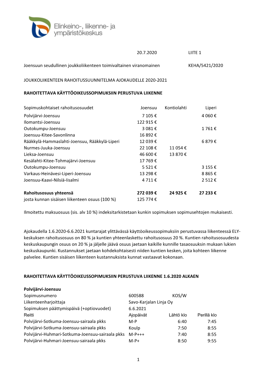 Joukkoliikenteen Rahoitussuunnitelma Ajokaudelle 2020-2021