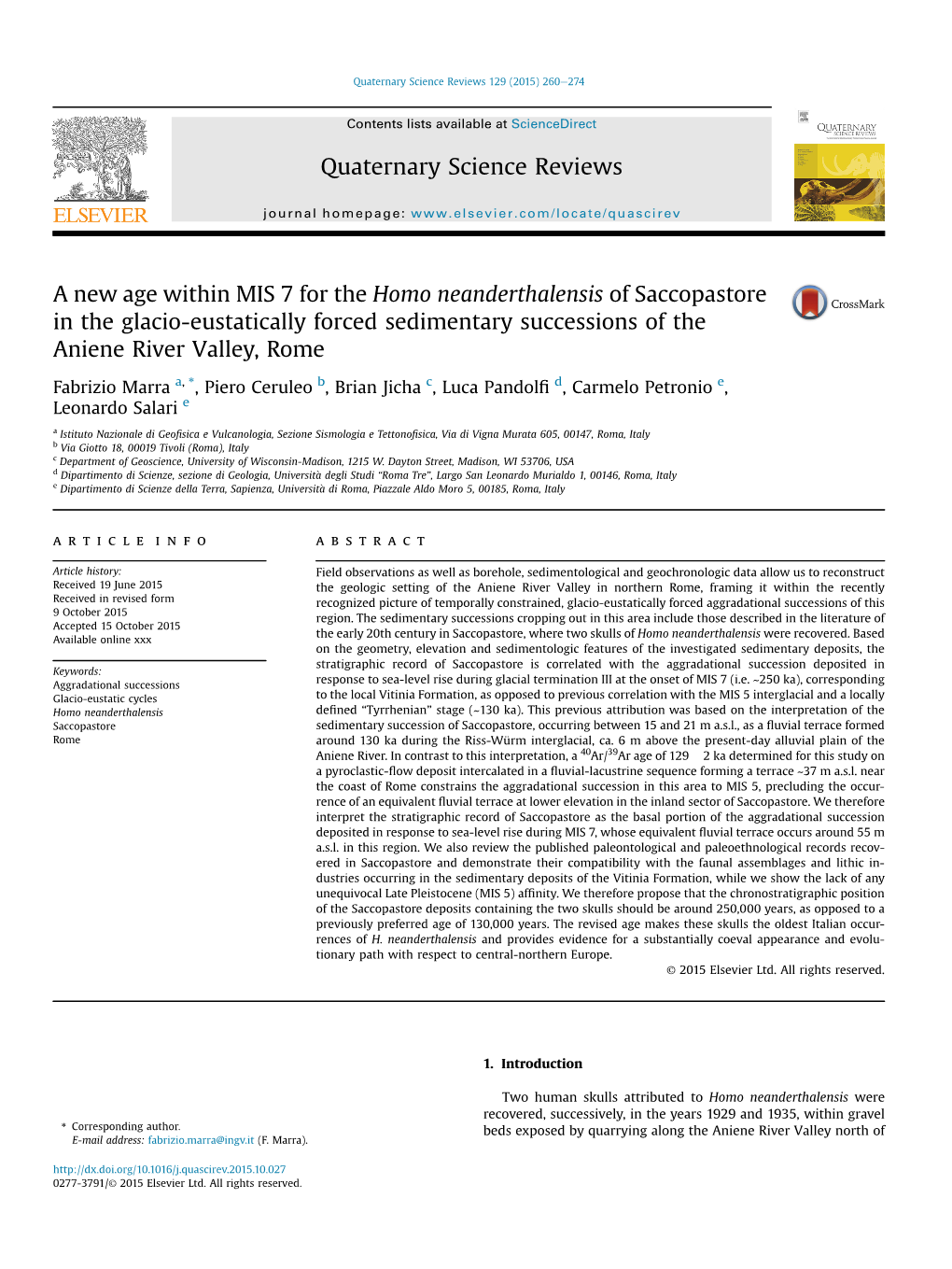 A New Age Within MIS 7 for the Homo Neanderthalensis of Saccopastore in the Glacio-Eustatically Forced Sedimentary Successions of the Aniene River Valley, Rome