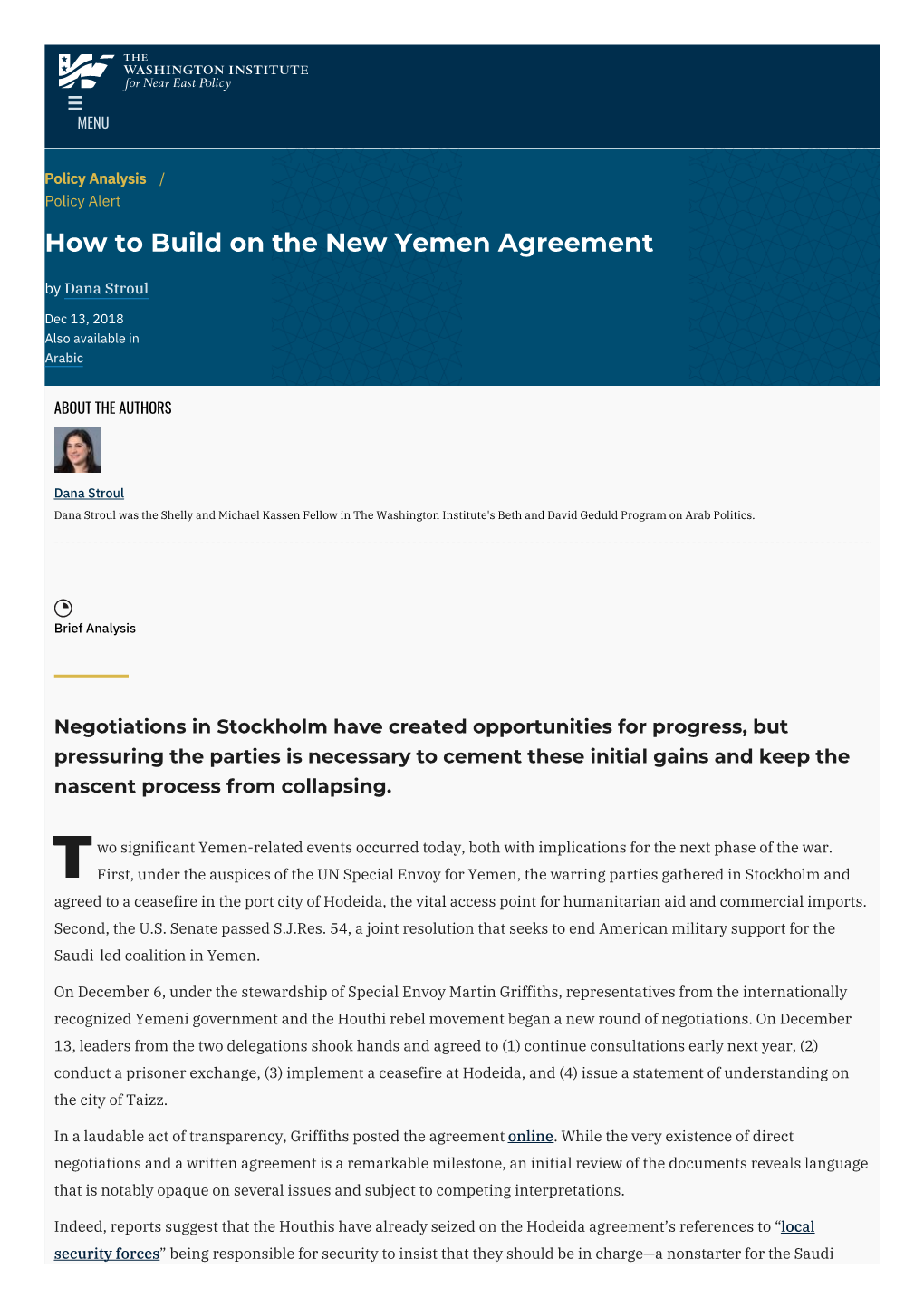 How to Build on the New Yemen Agreement | the Washington Institute