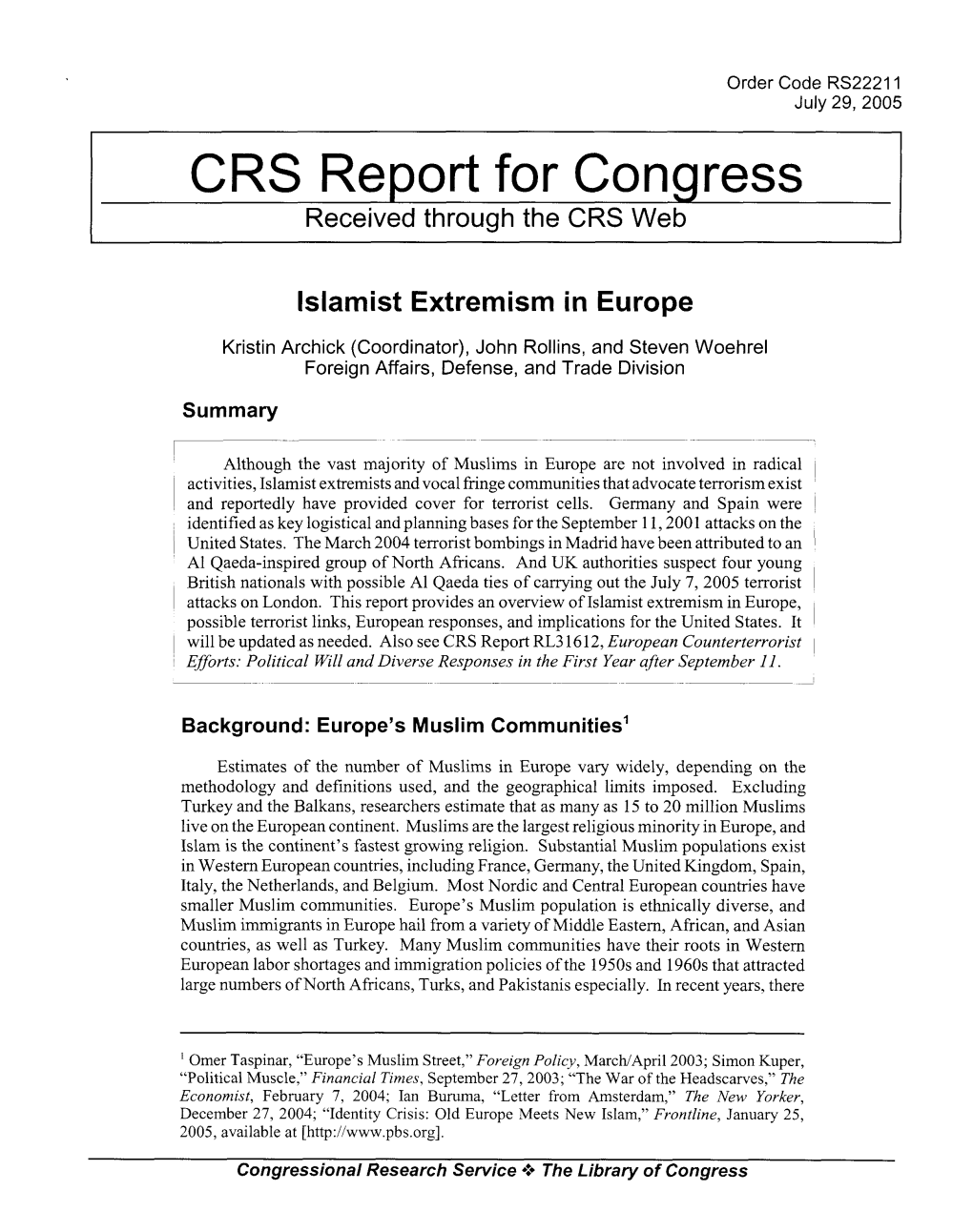 RS22211: Islamist Extremism in Europe