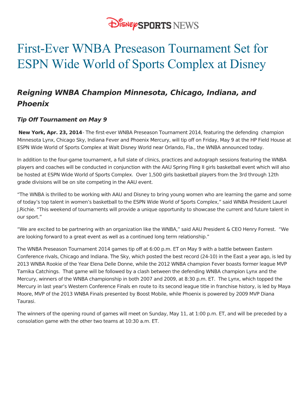 First-Ever WNBA Preseason Tournament Set for ESPN Wide World of Sports Complex at Disney