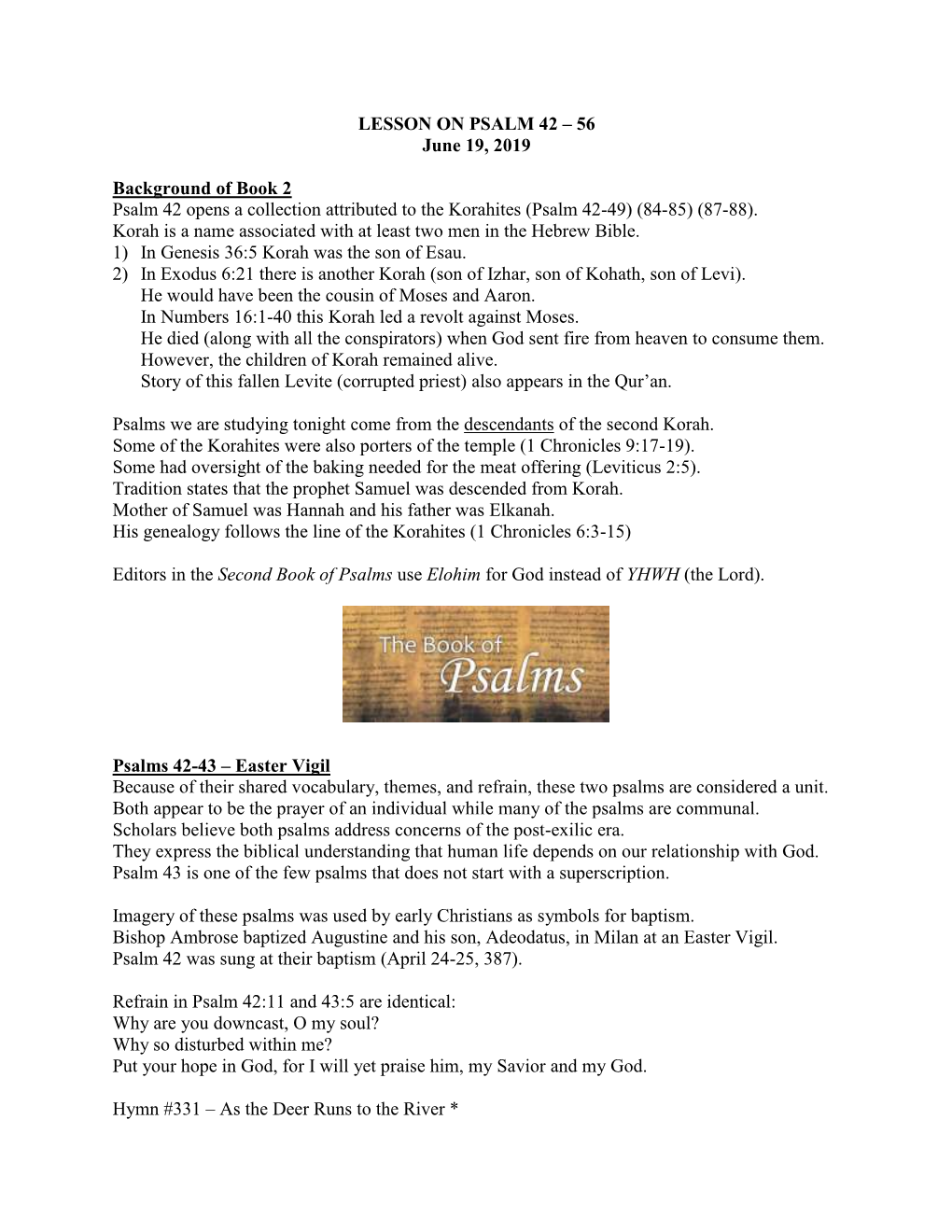 LESSON on PSALM 42 – 56 June 19, 2019 Background of Book 2