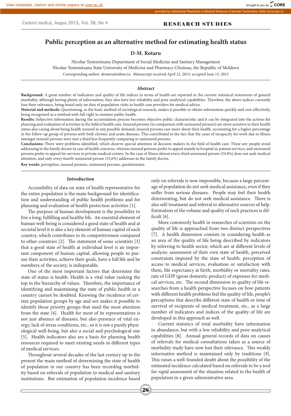 Public Perception As an Alternative Method for Estimating Health Status D-M