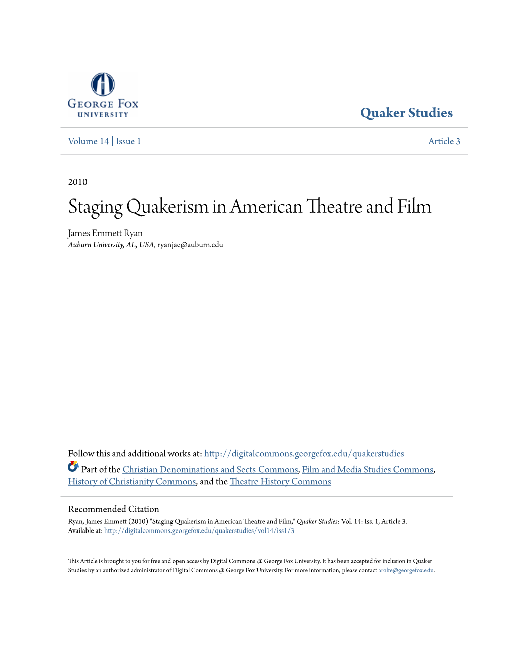 Staging Quakerism in American Theatre and Film James Emmett Yar N Auburn University, AL, USA, Ryanjae@Auburn.Edu