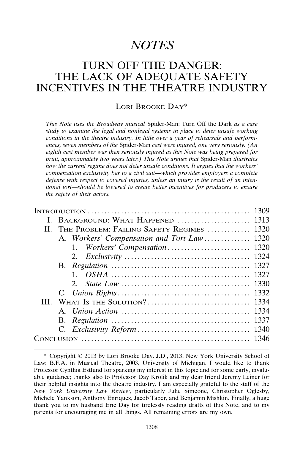 Turn Off the Danger: the Lack of Adequate Safety Incentives in the Theatre Industry