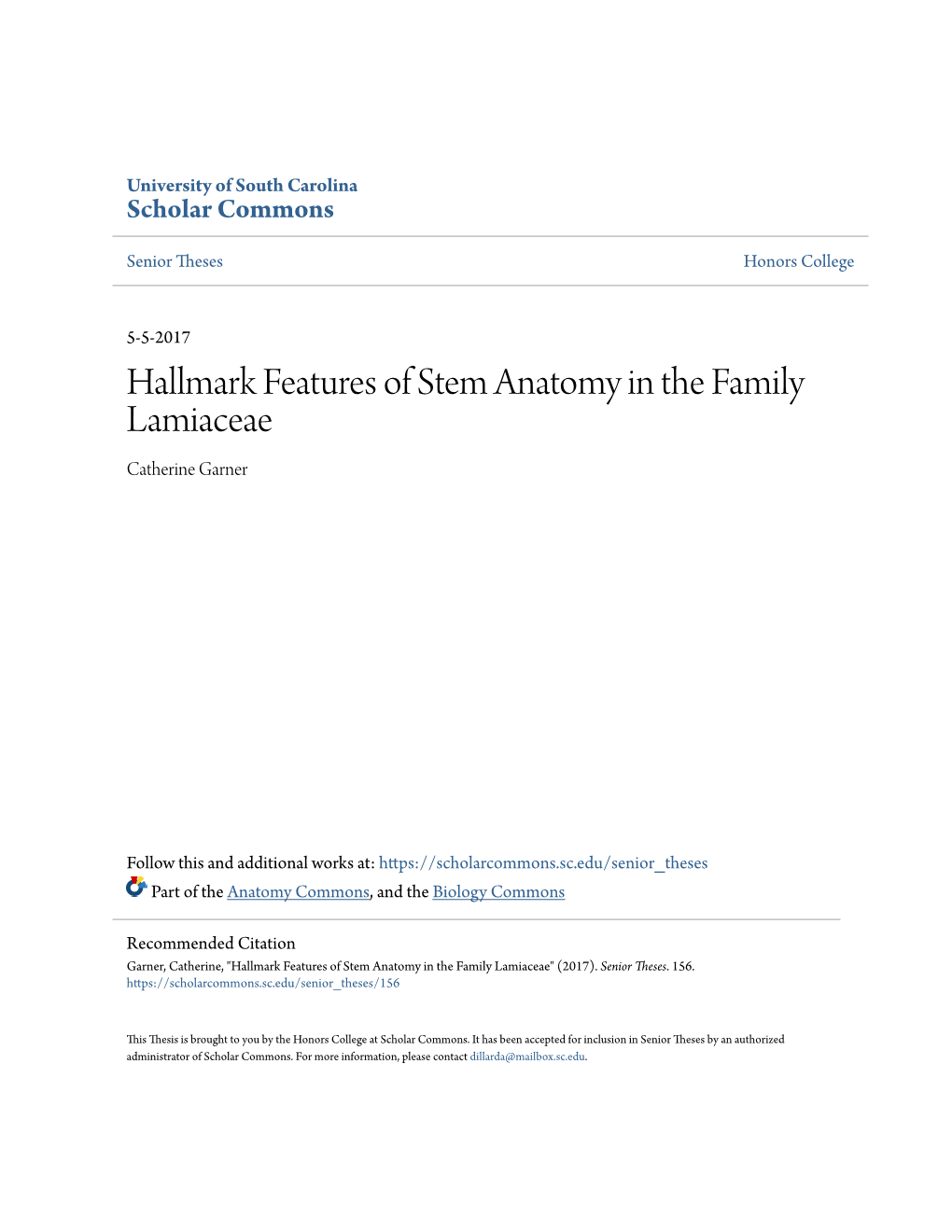 Hallmark Features of Stem Anatomy in the Family Lamiaceae Catherine Garner