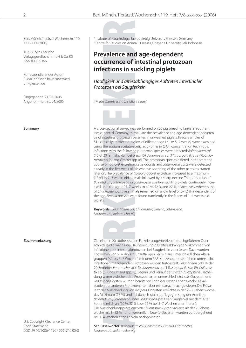 Prevalence and Age-Dependent Occurrence of Intestinal Protozoan