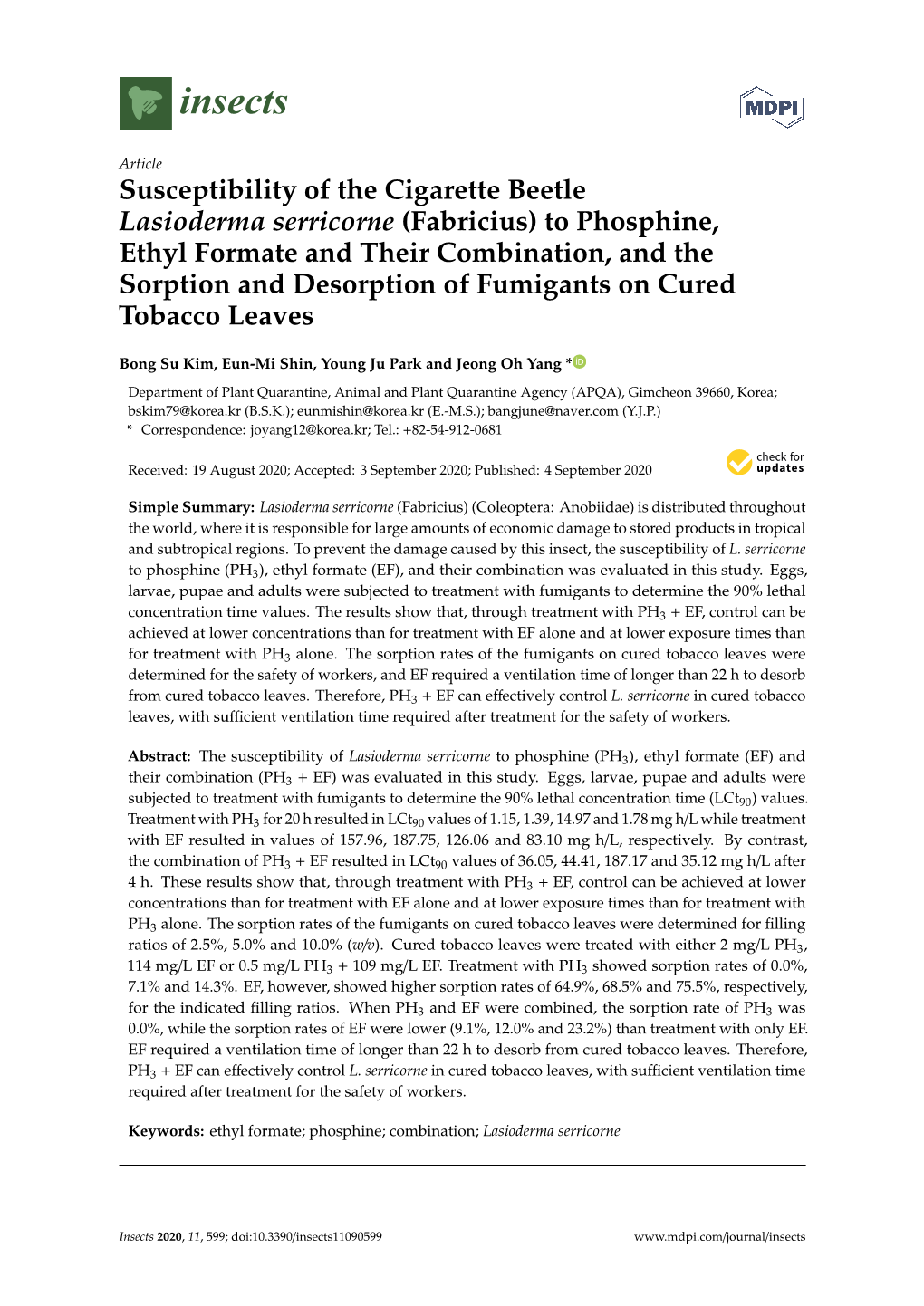 Susceptibility of the Cigarette Beetle Lasioderma Serricorne