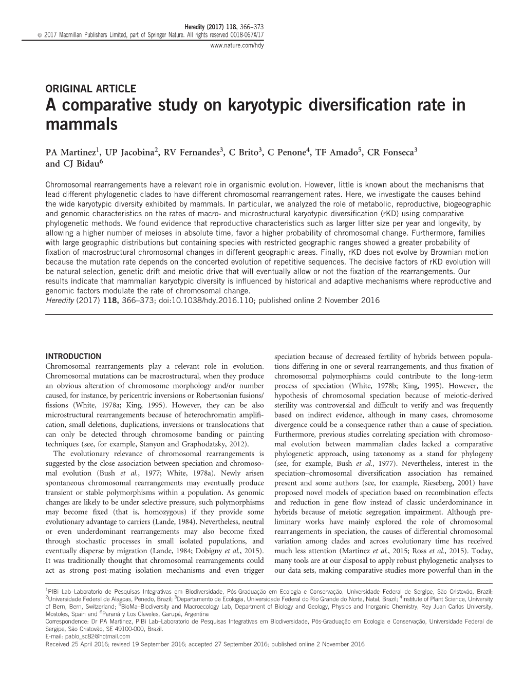 A Comparative Study on Karyotypic Diversification Rate in Mammals