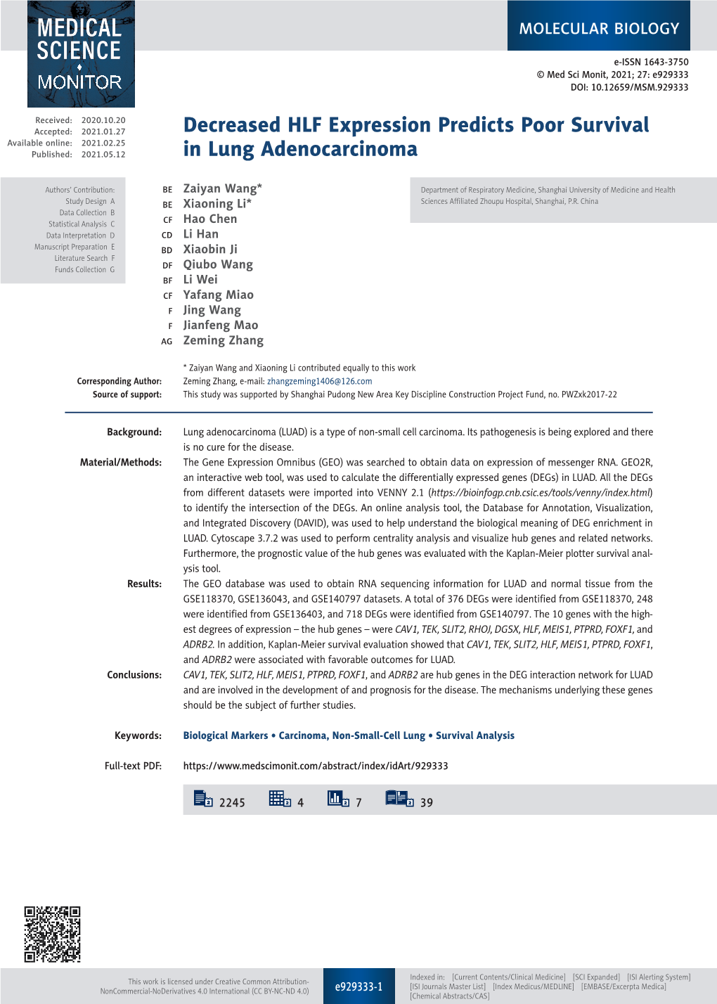 Decreased HLF Expression Predicts Poor Survival in Lung