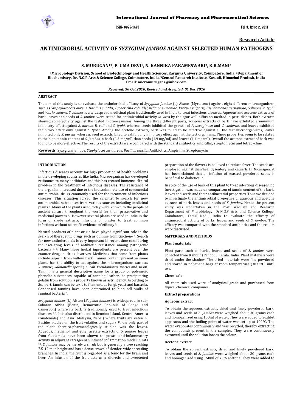 Antimicrobial Activity of Syzygium Jambos Against Selected Human Pathogens