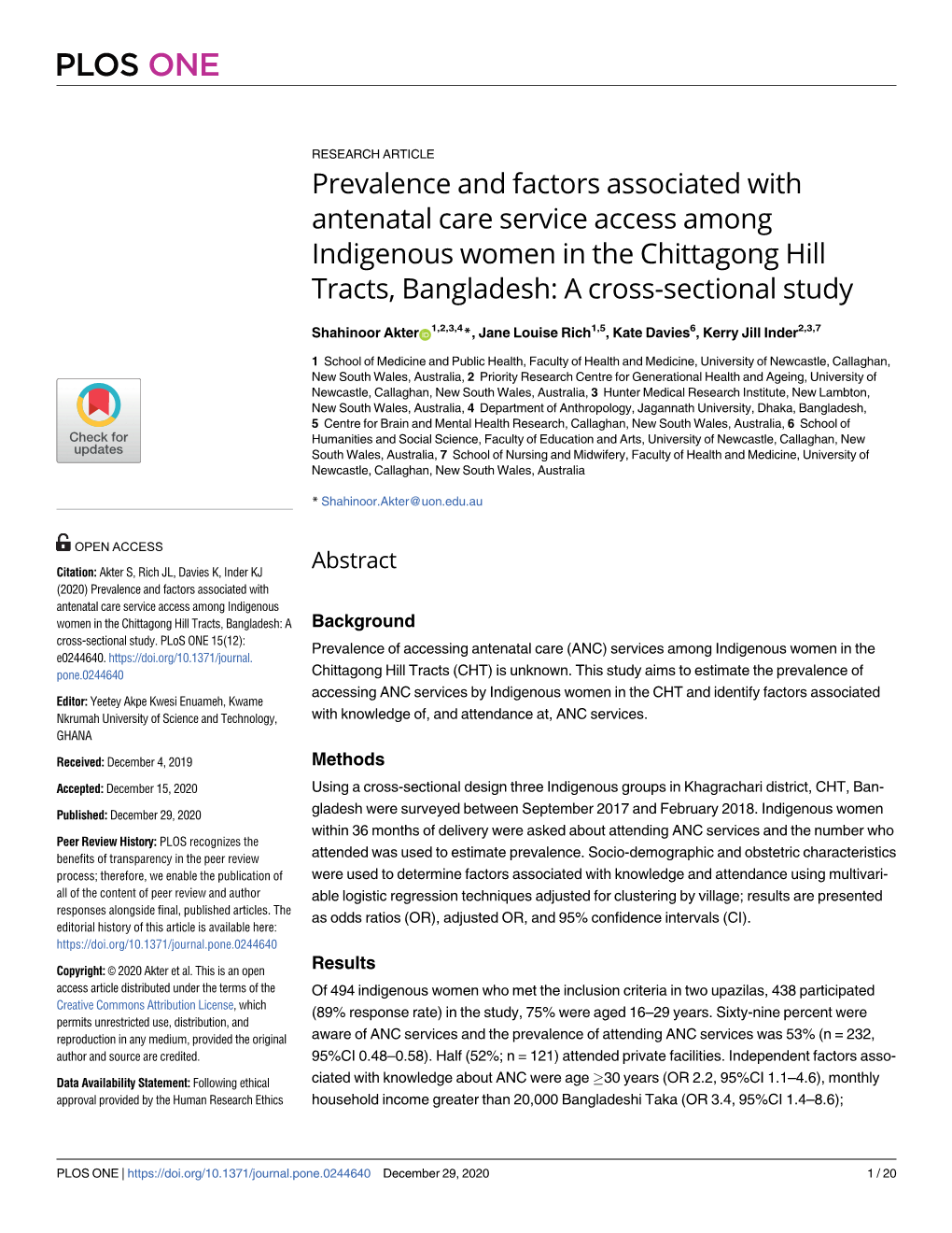 Prevalence and Factors Associated with Antenatal Care Service Access Among Indigenous Women in the Chittagong Hill Tracts, Bangladesh: a Cross-Sectional Study