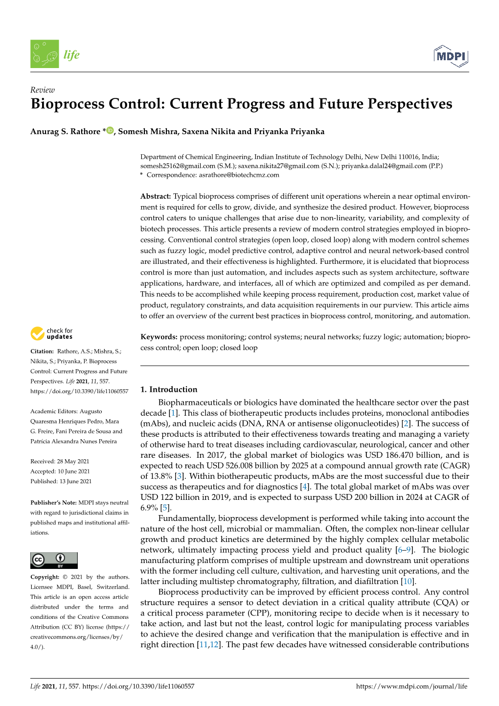 Bioprocess Control: Current Progress and Future Perspectives