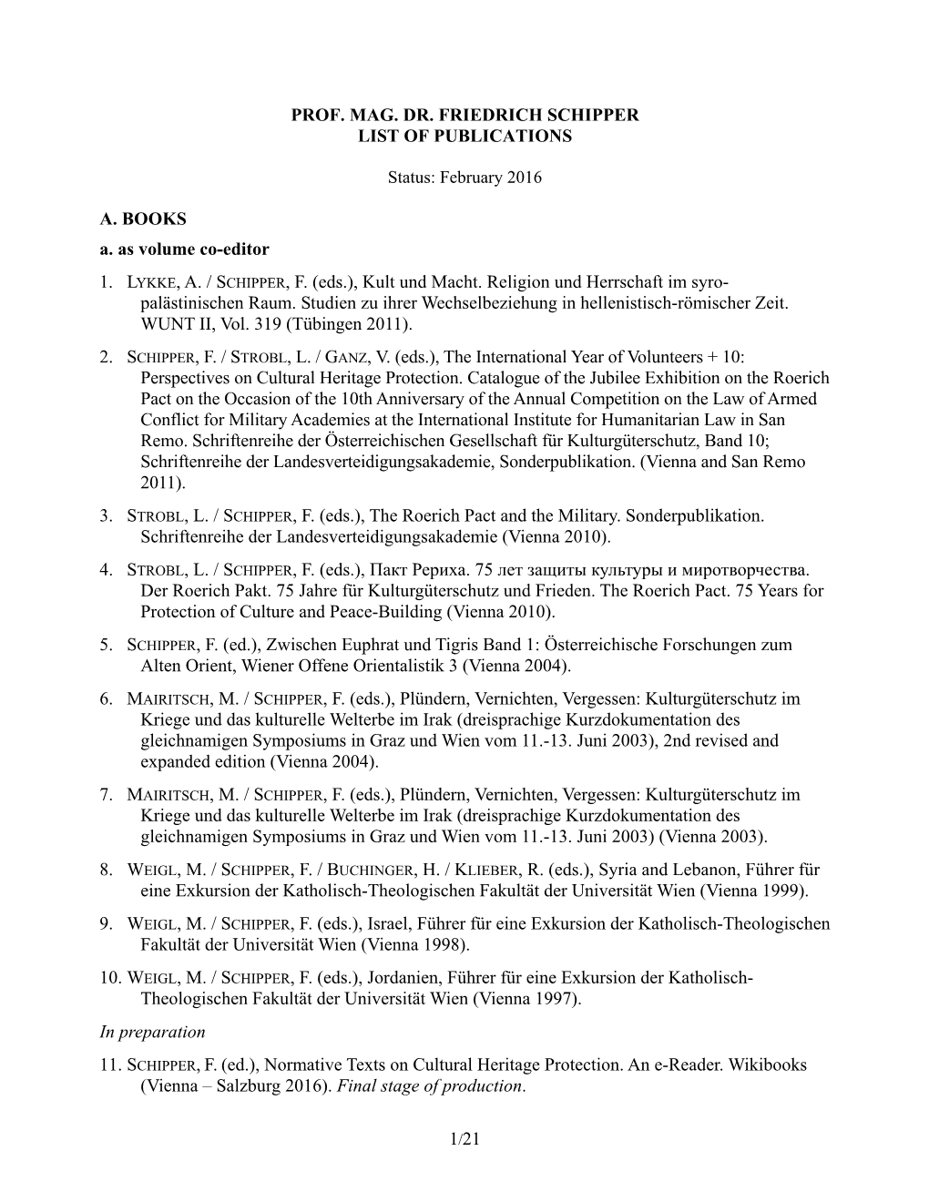 Prof. Mag. Dr. Friedrich Schipper List of Publications