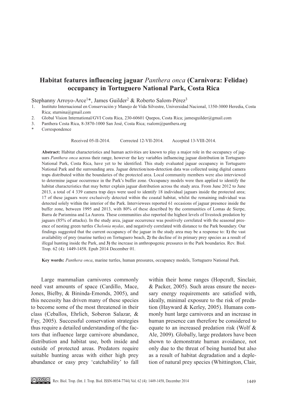 Habitat Features Influencing Jaguar Panthera Onca (Carnivora: Felidae) Occupancy in Tortuguero National Park, Costa Rica