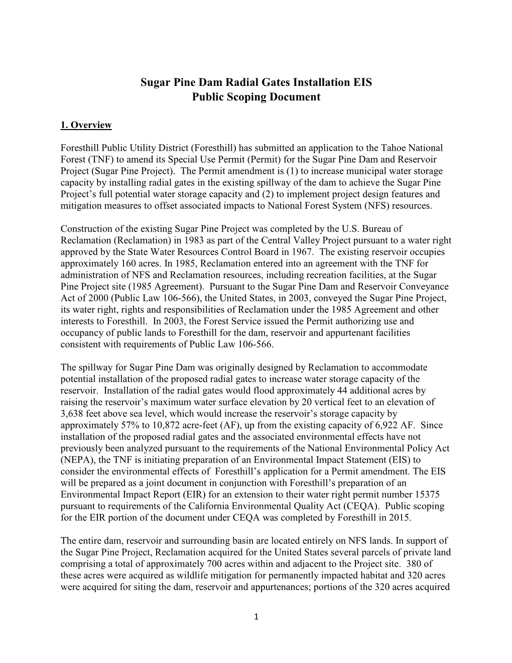 Sugar Pine Dam Radial Gates Installation EIS Public Scoping Document