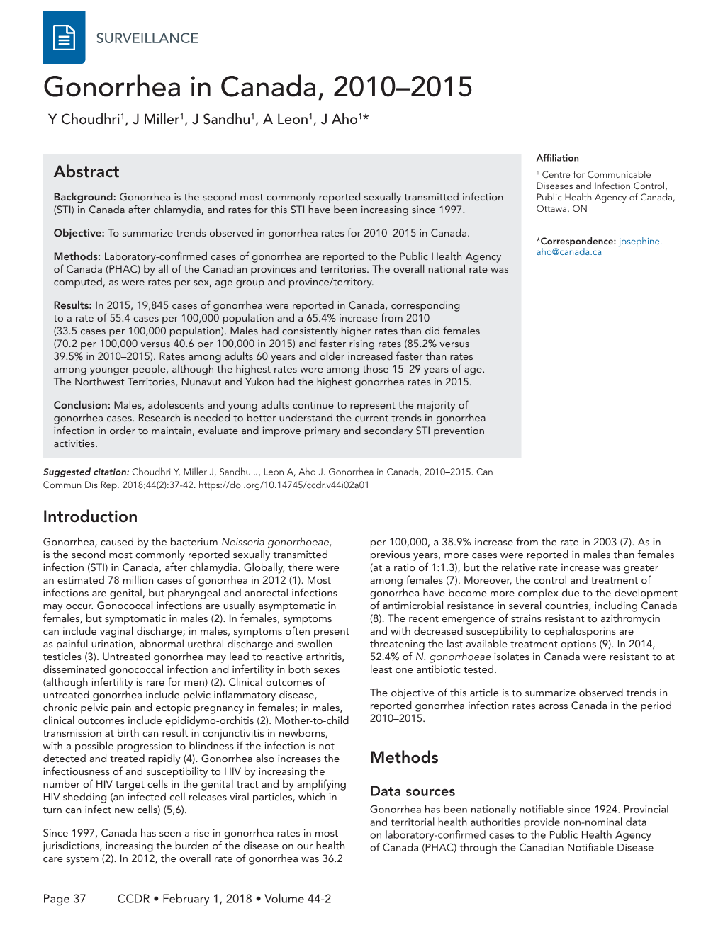 Gonorrhea in Canada, 2010–2015 Y Choudhri1, J Miller1, J Sandhu1, a Leon1, J Aho1*