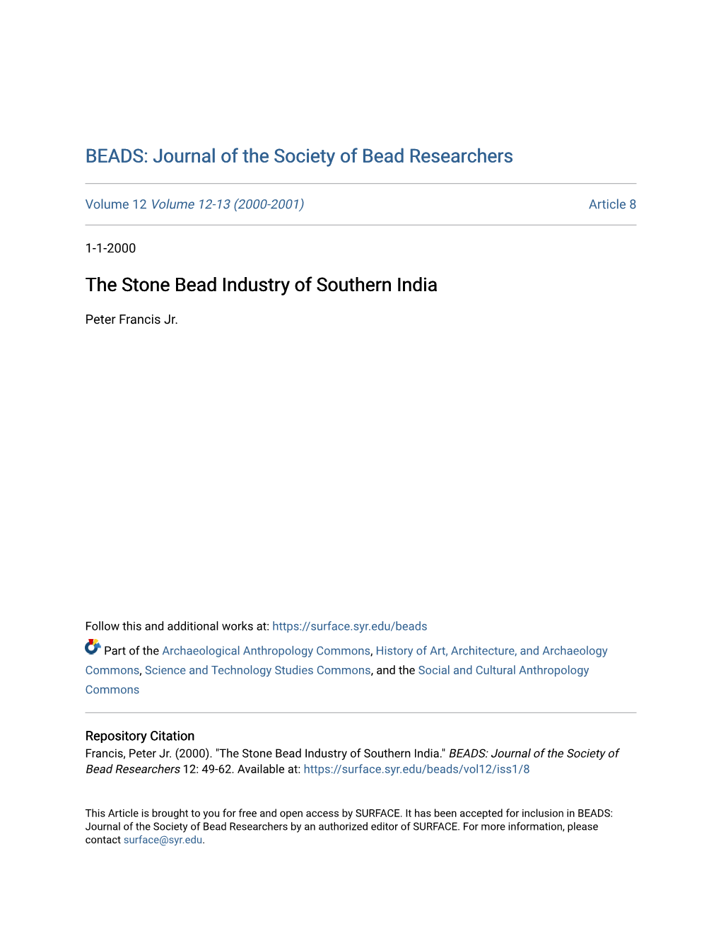 The Stone Bead Industry of Southern India