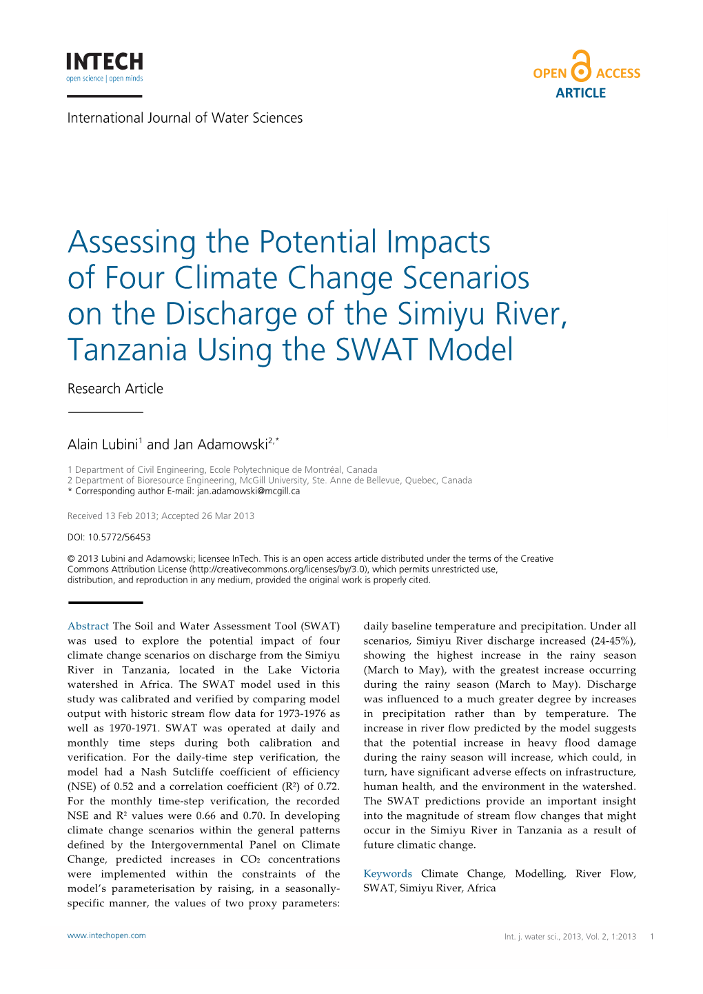 Assessing the Potential Impacts of Four Climate Change Scenarios on the Discharge of the Simiyu River, Tanzania Using the SWAT Model