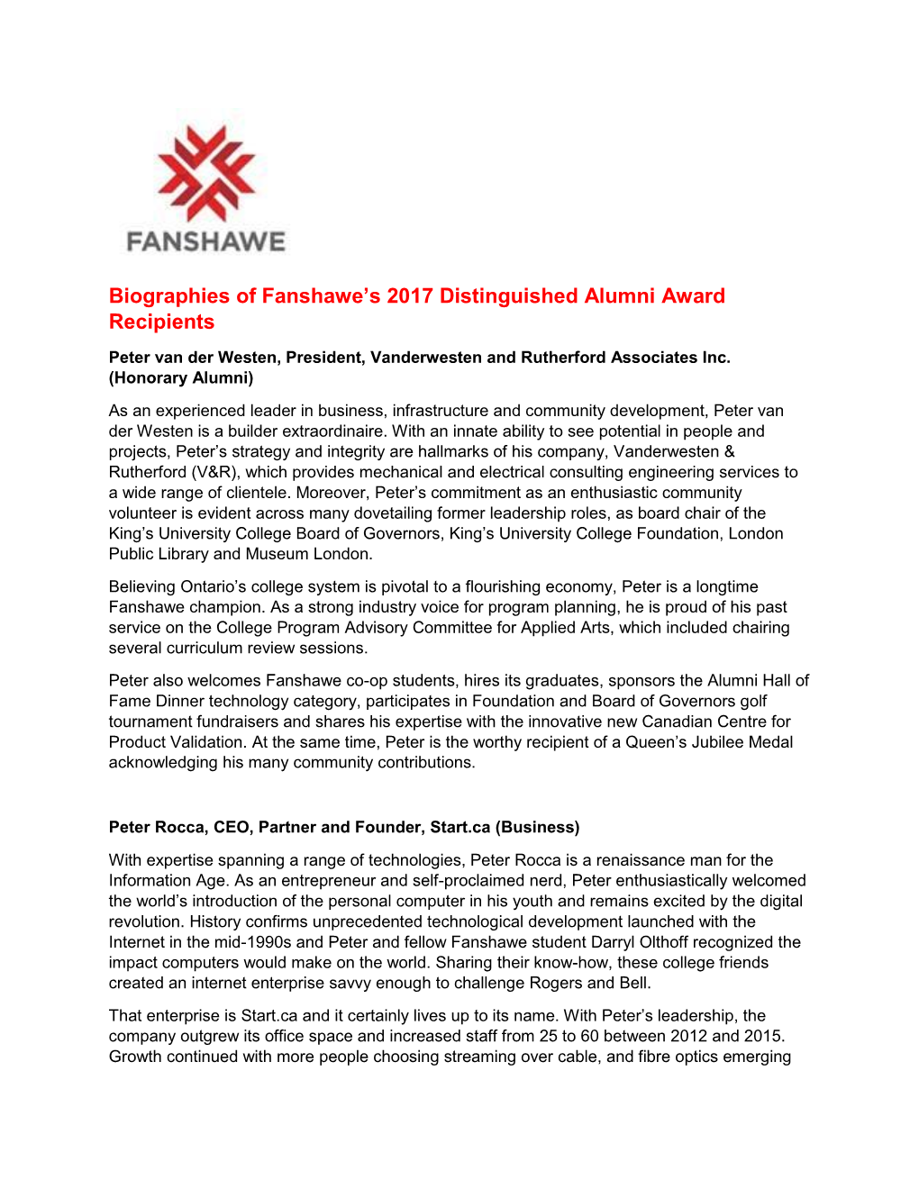 Biographies of Fanshawe's 2017 Distinguished Alumni Award