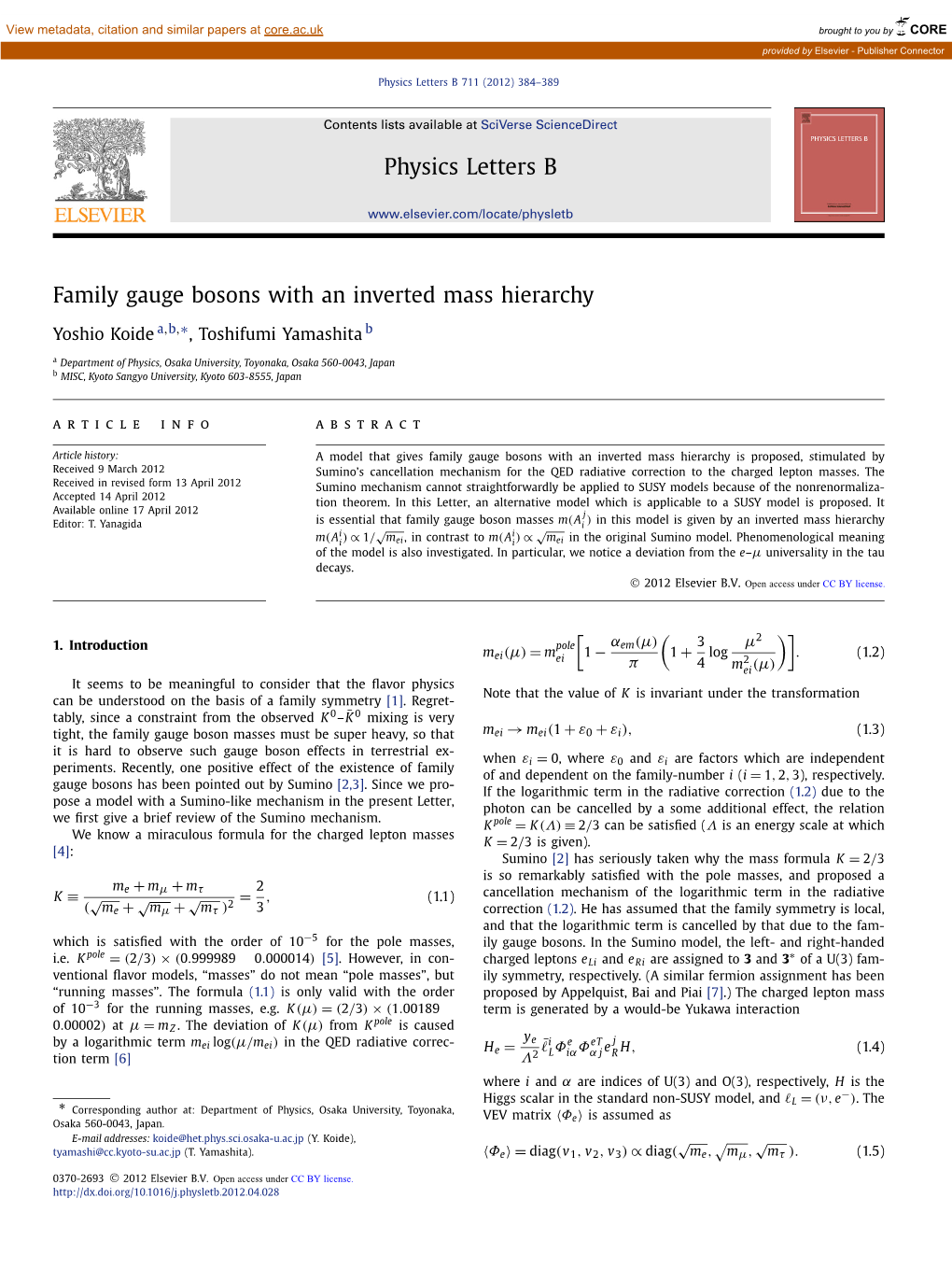 Family Gauge Bosons with an Inverted Mass Hierarchy ∗ Yoshio Koide A,B, , Toshifumi Yamashita B