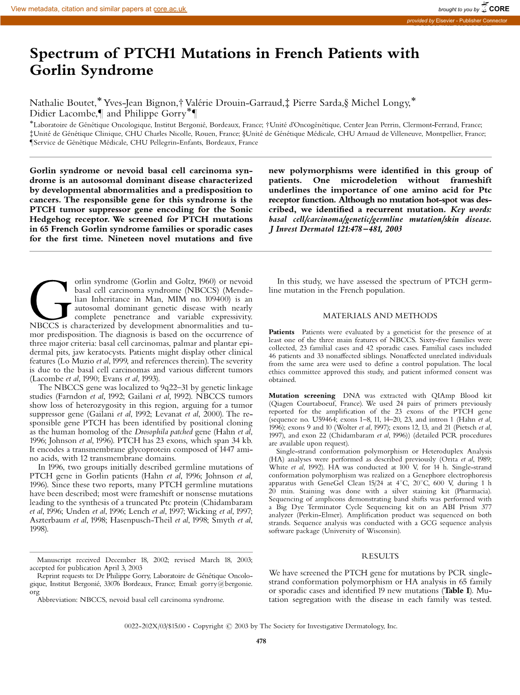 Spectrum of PTCH1 Mutations in French Patients with Gorlin Syndrome