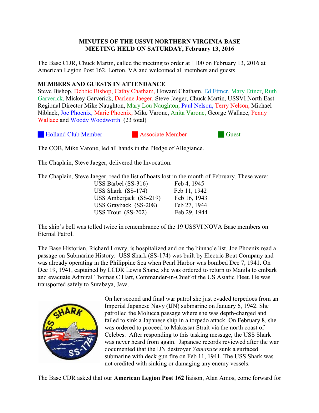 MINUTES of the USSVI NORTHERN VIRGINIA BASE MEETING HELD on SATURDAY, February 13, 2016