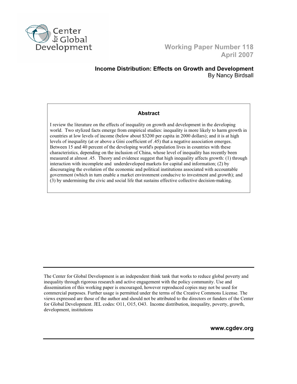 Income Distribution: Effects on Growth and Development by Nancy Birdsall