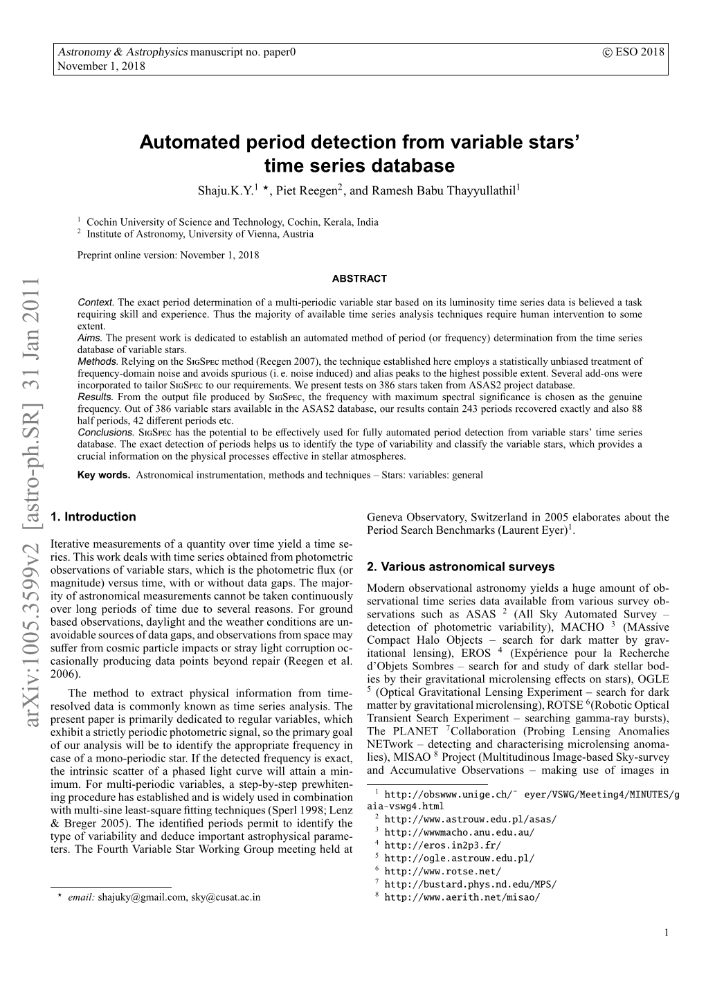 Automated Period Detection from Variable Stars' Time Series Database