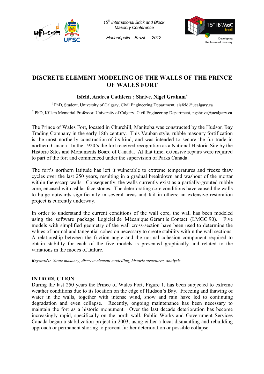 Discrete and Finite Element Modeling of the Walls of the Prince of Wales Fort