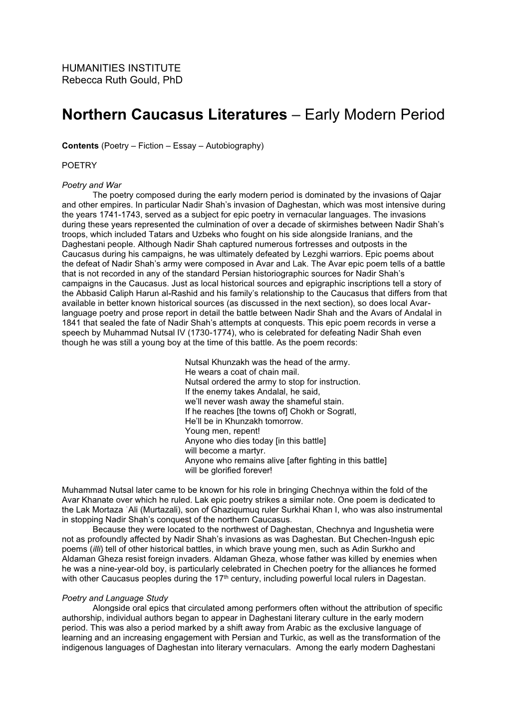 Northern Caucasus Literatures – Early Modern Period
