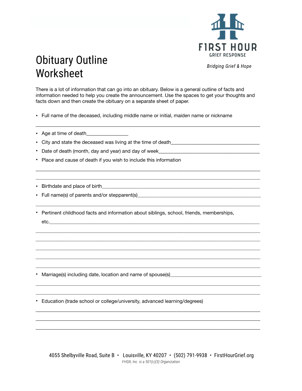 Obituary Outline Worksheet First Hour Grief Response, Inc