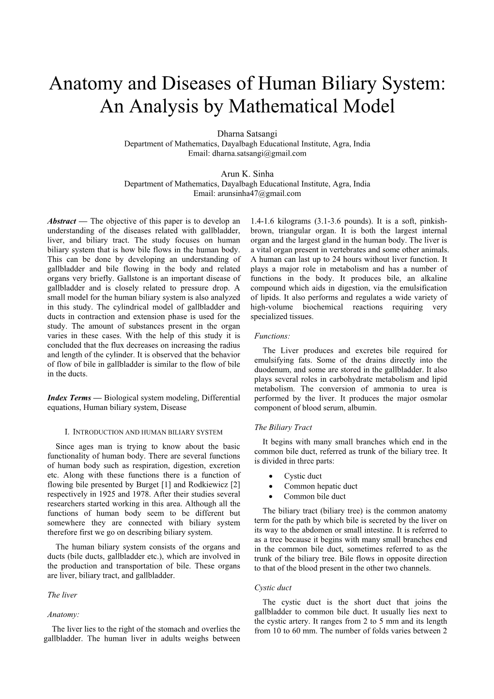 Anatomy and Diseases of Human Biliary System: an Analysis by Mathematical Model