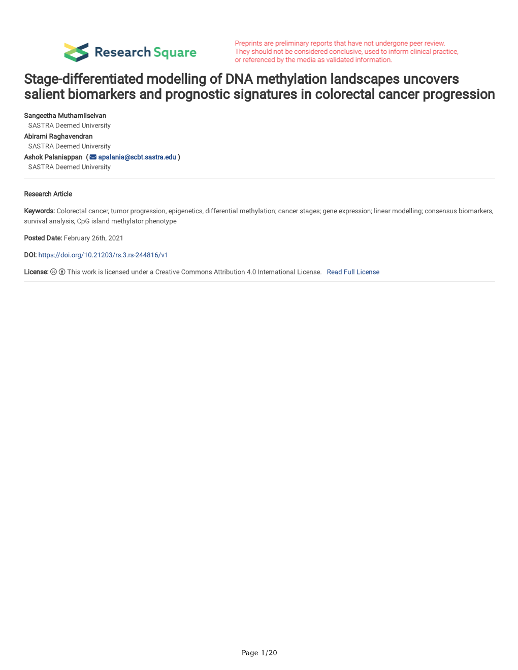 Stage-Differentiated Modelling of DNA Methylation Landscapes Uncovers Salient Biomarkers and Prognostic Signatures in Colorectal Cancer Progression