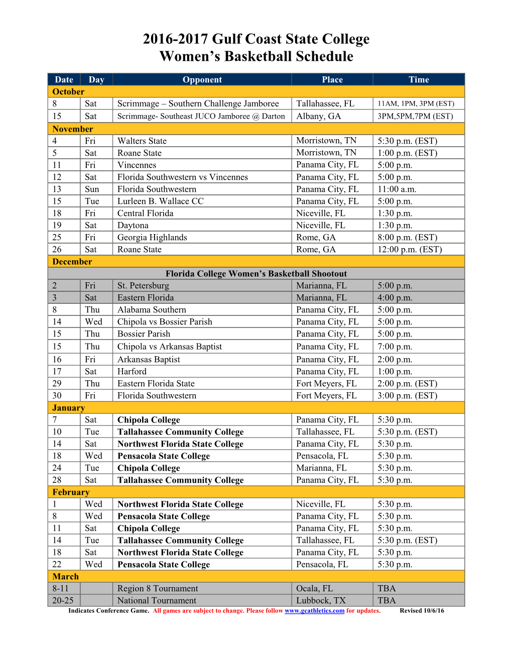 2016-2017 Gulf Coast State College Women's Basketball Schedule