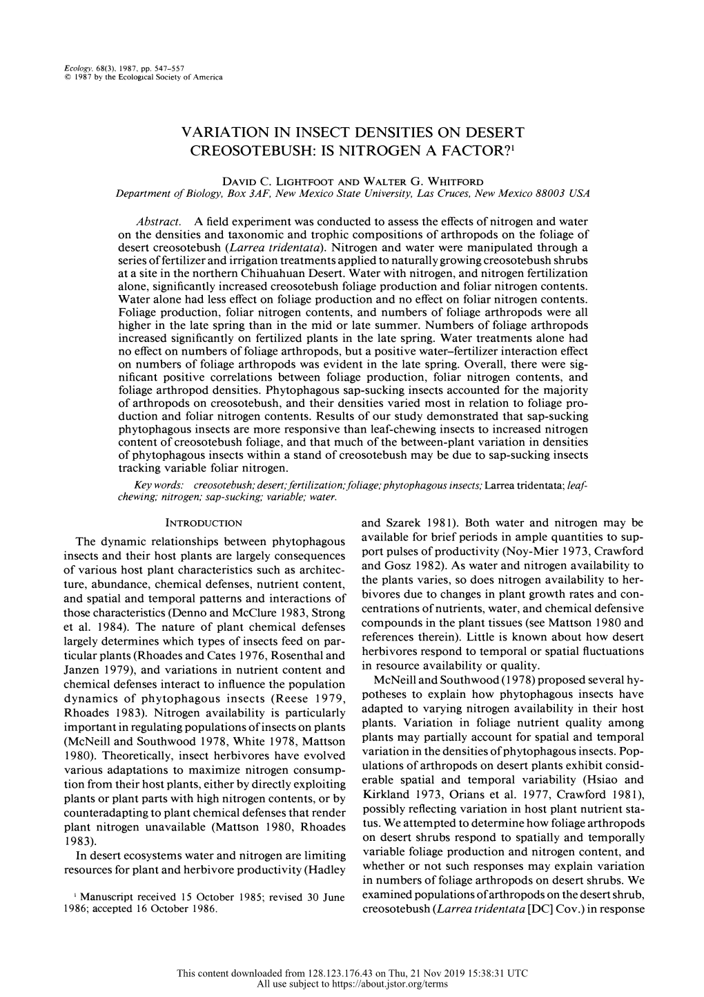 Variation in Insect Densities on Desert Creosotebush: Is Nitrogen a Factor?1