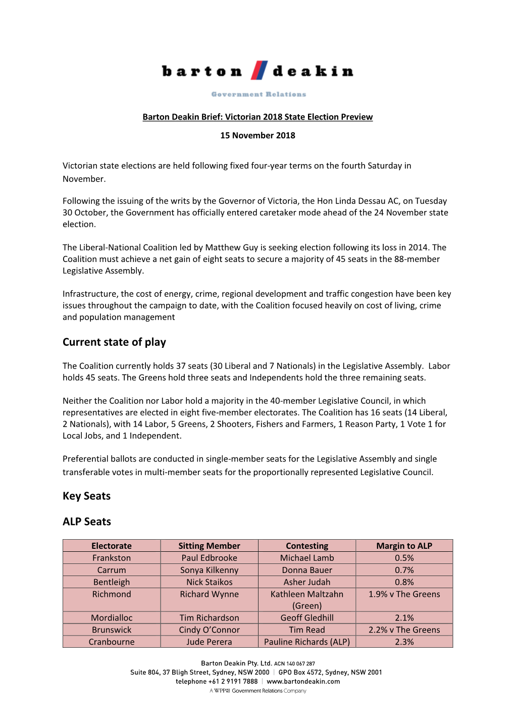 Victorian 2018 State Election Preview 15 November 2018